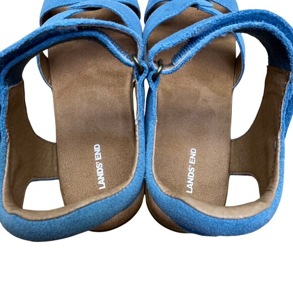 Lands End Women’s Blue Faux Suede Open-Toe Adjustable Strap Wedge Sandals Sz 7B - Picture 6 of 8